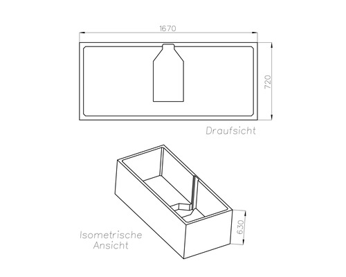 Technische Zeichnung eines rechteckigen Pflanzkastens mit Draufsicht und isometrischer Ansicht. Masse 1670 mal 720 mal 630 Millimeter.