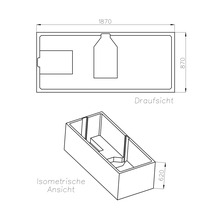 Technische Zeichnung einer Badewanne in Draufsicht und isometrischer Ansicht mit Maßen von 1870 mal 870 mal 620 Millimeter.