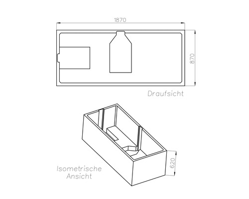 Technische Zeichnung einer Badewanne in Draufsicht und isometrischer Ansicht mit Maßen von 1870 mal 870 mal 620 Millimeter.