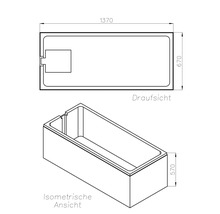 Technische Zeichnung einer rechteckigen Badewanne mit Draufsicht und isometrischer Ansicht, Maße 1370 mal 670 mal 570 Millimeter.