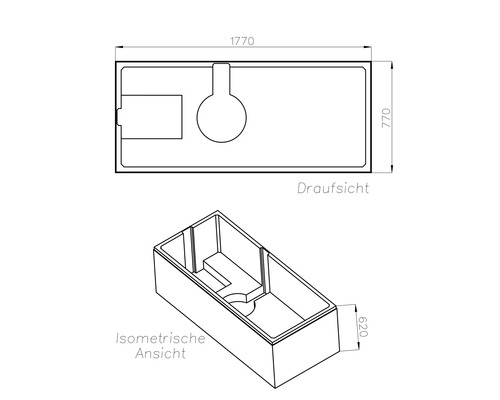 Technische Zeichnung mit Draufsicht und isometrischer Ansicht, Maße 1770 mal 770 mal 620 Millimeter.