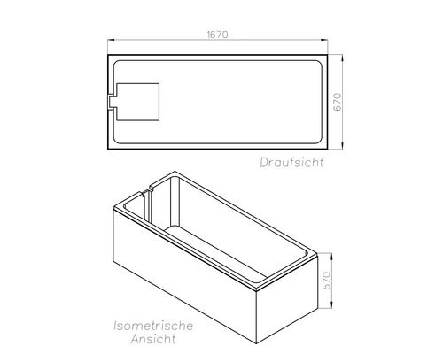 Technische Zeichnung einer rechteckigen Badewanne mit Maßen 1670 mal 670 mal 570 Millimeter in der Draufsicht und isometrischen Ansicht.