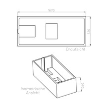 Technische Zeichnung einer Badewanne in der Draufsicht und isometrischen Ansicht mit Maßen 1670 x 720 x 570 Millimeter.