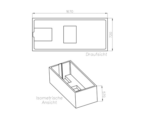 Technische Zeichnung einer Badewanne in der Draufsicht und isometrischen Ansicht mit Maßen 1670 x 720 x 570 Millimeter.