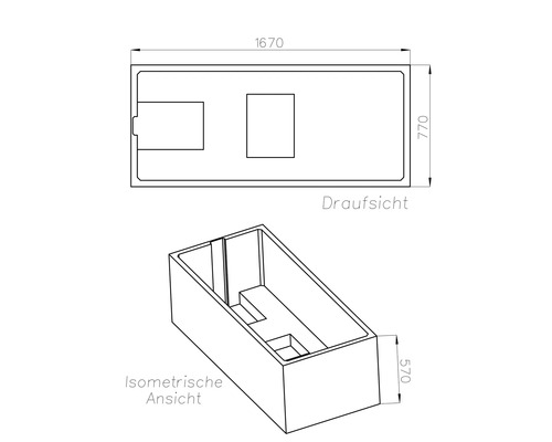 Technische Zeichnung einer rechteckigen Badewanne mit Draufsicht und isometrischer Ansicht. Maße: 1670 mal 770 mal 570 Millimeter.