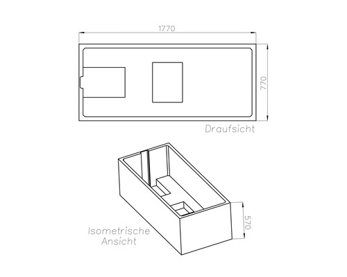 Technische Zeichnung einer Badewanne in Draufsicht und isometrischer Ansicht mit den Maßen 1770 mal 770 mal 570 Millimeter.