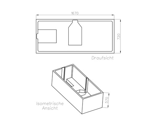 Technische Zeichnung einer rechteckigen Badewanne, Draufsicht und isometrische Ansicht, Maße 1670 mal 720 mal 570 Millimeter.