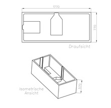 Technische Zeichnung einer rechteckigen Badewanne in Draufsicht und isometrischer Ansicht mit den Maßen 1770 mal 770 mal 570 Millimeter.