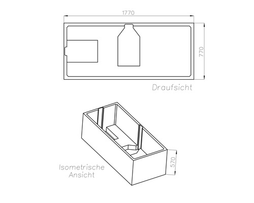 Technische Zeichnung einer rechteckigen Badewanne in Draufsicht und isometrischer Ansicht mit den Maßen 1770 mal 770 mal 570 Millimeter.