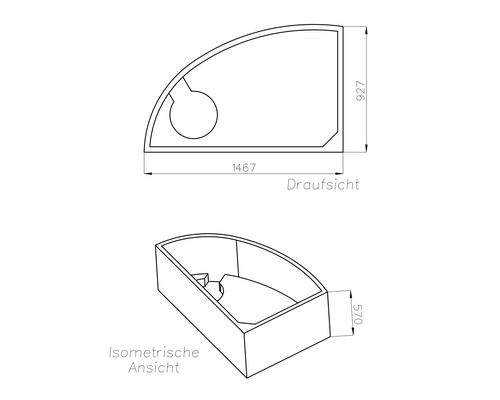 Technische Zeichnung einer asymmetrischen Eckbadewanne mit den Maßen 1467, 927 und 570 in Draufsicht und isometrischer Ansicht.