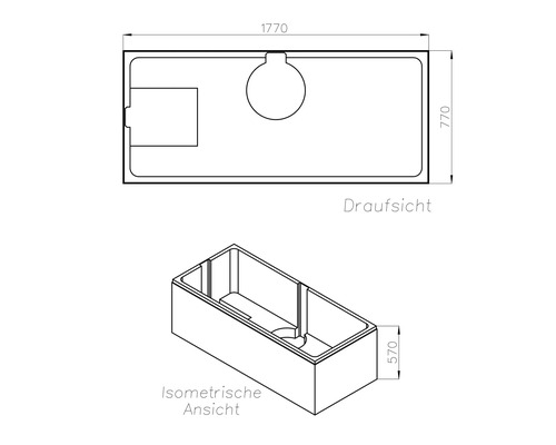 Technische Zeichnung eines rechteckigen Beckens in Draufsicht und isometrischer Ansicht mit den Maßen 1770 mal 770 mal 570 Millimeter.