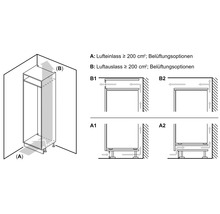 Installationszeichnung zur Belüftung von Einbaugeräten in einem Schrank mit Angaben zu Lufteinlass und Luftauslass.
