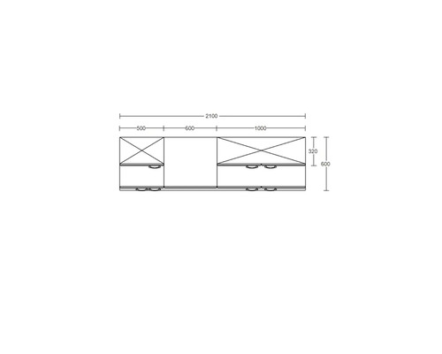 Dessin technique avec dimensions d une combinaison d armoires d une largeur totale de 2100 millimètres et d une hauteur de 600 millimètres.