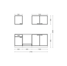 Croquis coté d une kitchenette avec éléments bas et hauts, avec dimensions en largeur et en hauteur en millimètres.