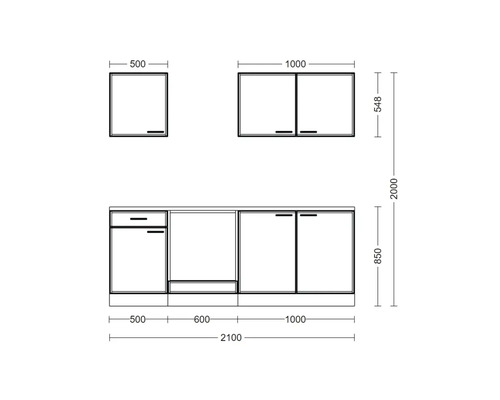 Croquis coté d une kitchenette avec éléments bas et hauts, avec dimensions en largeur et en hauteur en millimètres.