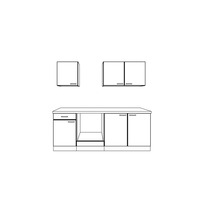 Composition de cuisine comprenant des meubles bas avec plan de travail et des meubles hauts en dessin au trait schématique.