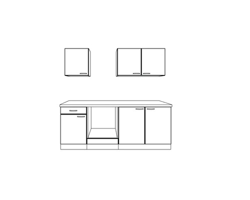 Composition de cuisine comprenant des meubles bas avec plan de travail et des meubles hauts en dessin au trait schématique.