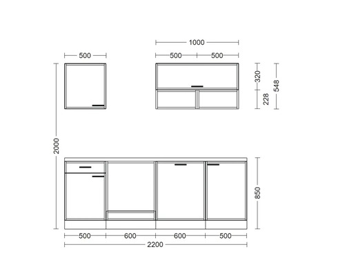 Dessin technique d'une cuisine équipée avec dimensions pour meubles bas et meubles hauts.