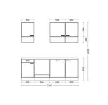 Dessin technique d une cuisine équipée avec placards hauts et placards bas incluant les dimensions en millimètres.