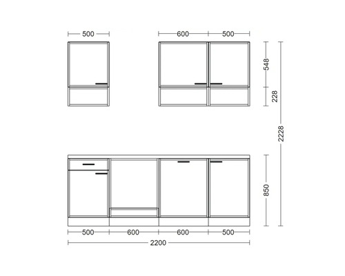 Dessin technique d une cuisine équipée avec placards hauts et placards bas incluant les dimensions en millimètres.