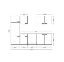 Croquis d'une cuisine équipée avec dimensions en millimètres pour la planification et l'installation