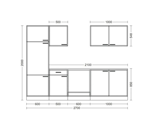 Croquis d'une cuisine équipée avec dimensions en millimètres pour la planification et l'installation