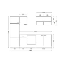 Dessin technique d une cuisine équipée avec dimensions pour les meubles bas, meubles hauts et emplacement des appareils.