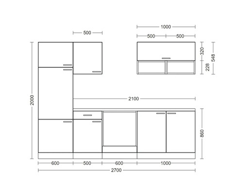 Dessin technique d une cuisine équipée avec dimensions pour les meubles bas, meubles hauts et emplacement des appareils.