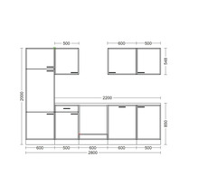 Plan de cuisine avec dimensions pour meubles bas et hauts ainsi qu un meuble pour appareils encastrables