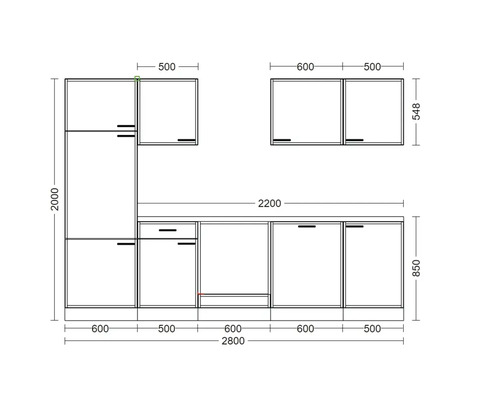 Plan de cuisine avec dimensions pour meubles bas et hauts ainsi qu un meuble pour appareils encastrables