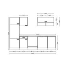 Plan coté d une cuisine équipée avec armoire haute, meubles bas et meubles hauts, avec diverses dimensions en millimètres.