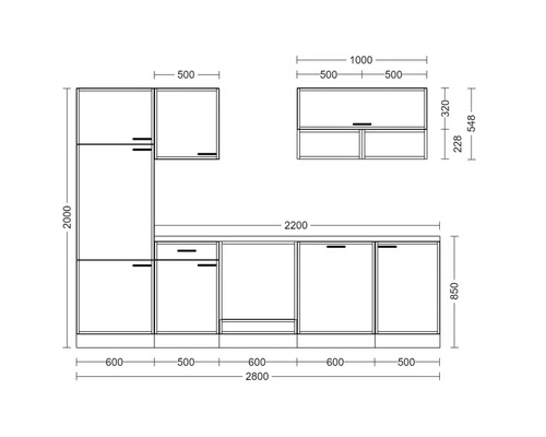 Plan coté d une cuisine équipée avec armoire haute, meubles bas et meubles hauts, avec diverses dimensions en millimètres.