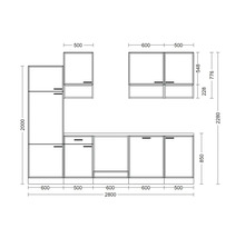 Dessin technique d'une cuisine équipée avec les dimensions des meubles bas, meubles hauts et colonne sur une largeur totale de 2800 millimètres.