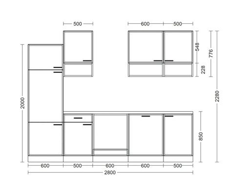Dessin technique d'une cuisine équipée avec les dimensions des meubles bas, meubles hauts et colonne sur une largeur totale de 2800 millimètres.