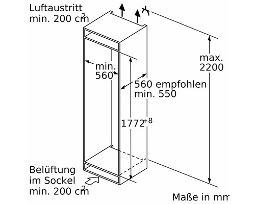 Technische Zeichnung mit Einbaumaßen für einen Küchengeräteschrank inklusive Anforderungen an Belüftung im Sockel und Luftaustritt.