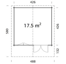 Grundriss eines Gartenhauses mit einer Fläche von 17,5 Quadratmetern und den Maßen 488 mal 580 Zentimeter.