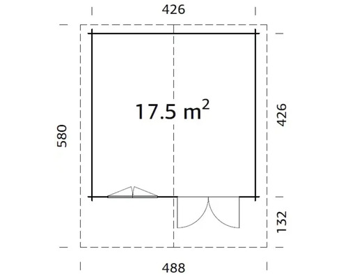 Grundriss eines Gartenhauses mit einer Fläche von 17,5 Quadratmetern und den Maßen 488 mal 580 Zentimeter.