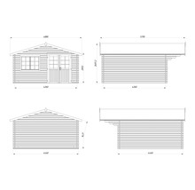 Technische Zeichnung mit Massen für ein Gartenhaus aus Holz, Ansichten von allen vier Seiten mit Dachneigung von 16,5 Grad.