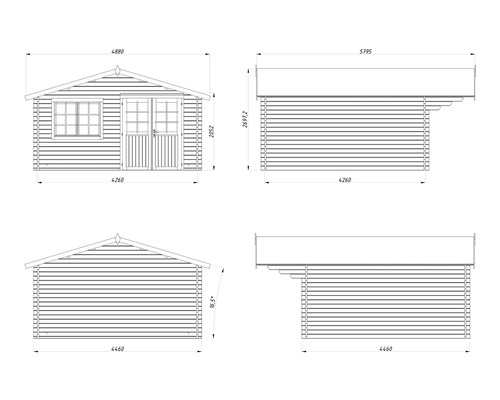 Technische Zeichnung mit Massen für ein Gartenhaus aus Holz, Ansichten von allen vier Seiten mit Dachneigung von 16,5 Grad.