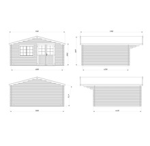 Technische Zeichnung eines Gartenhauses aus Holz mit Massangaben für Vorderansicht, Rückansicht und Seitenansichten.