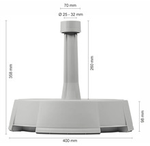 Pied de parasol en plastique gris avec dimensions pour un diamètre de mât de 25 à 32 millimètres et une hauteur totale de 358 millimètres.