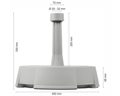 Pied de parasol en plastique gris avec dimensions pour un diamètre de mât de 25 à 32 millimètres et une hauteur totale de 358 millimètres.
