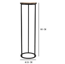 Porte-plante avec plateau en bois et structure en métal, 80 centimètres de hauteur et 24 centimètres de diamètre.