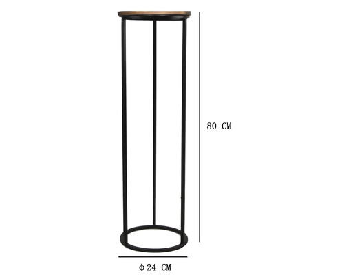 Porte-plante avec plateau en bois et structure en métal, 80 centimètres de hauteur et 24 centimètres de diamètre.