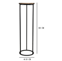Support pour plantes rond en métal avec plateau en bois, hauteur 60 centimètres, diamètre 18 centimètres.