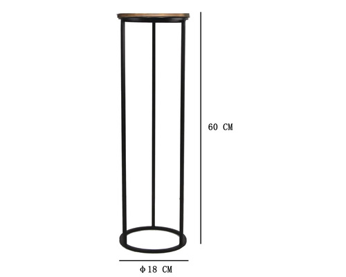 Support pour plantes rond en métal avec plateau en bois, hauteur 60 centimètres, diamètre 18 centimètres.