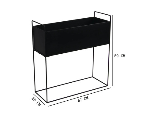 Support de fleurs rectangulaire en métal avec jardinière et dimensions 57 par 20 par 59 centimètres