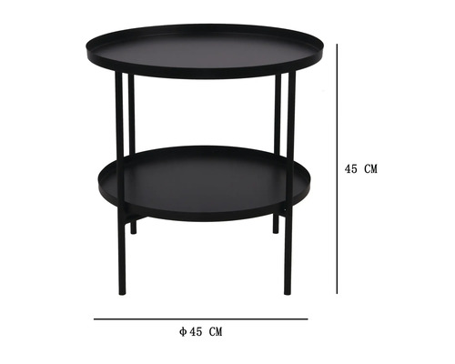 Runder Metallbeistelltisch mit zwei Ablageflächen, Durchmesser 45 Zentimeter, Höhe 45 Zentimeter.