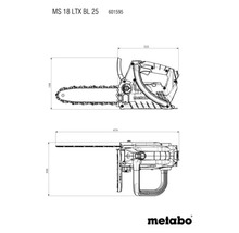 Technische Zeichnung der Metabo Akku Kettensäge MS 18 LTX BL 25 mit Maßangaben in Millimetern.