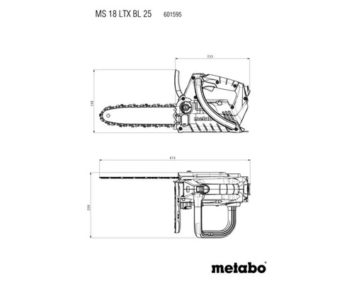 Technische Zeichnung der Metabo Akku Kettensäge MS 18 LTX BL 25 mit Maßangaben in Millimetern.